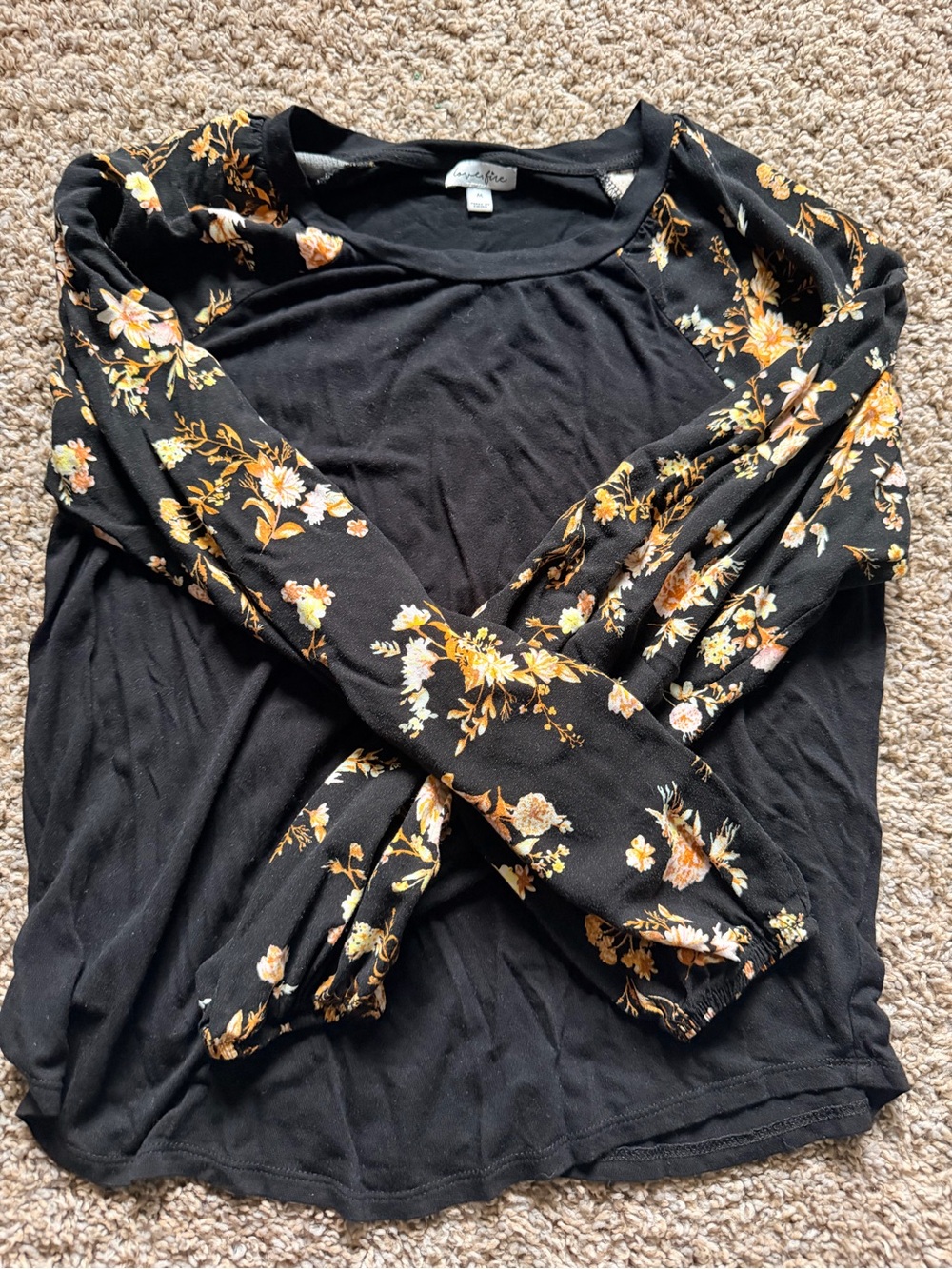 love, Fire Black Long-Sleeve Top with Yellow Floral Sleeves